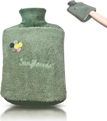 Produktbild von Wärmflasche 2.0L mit Deckel und Kuschelweichem Fellbezug, Kängurutasche - Auslaufsicher, Bettflasche mit weichem Abnehmbarem Bezug(Sunflawer mintgrün)
