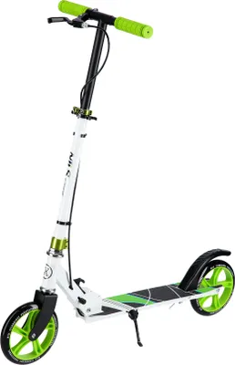 A white and green scooter is shown against a white background.