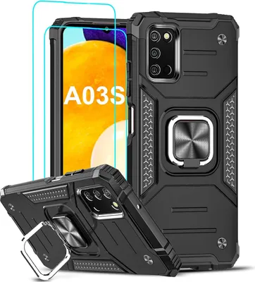 Produktbild von Hülle für Samsung Galaxy A03S Schwarzer Panzerring 2x gehärtetes Glas