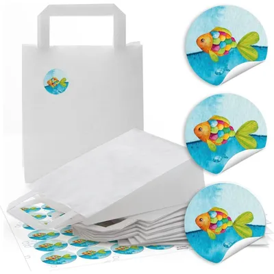Produktbild von 10 kleine weiße Papier-Tüten Geschenktüten Regenbogen-Fisch blau türkis mit Henkel + Boden 18 x 8 x 22 cm + 24 runde Aufkleber - Verpackung give-away Mitgebsel Kinder