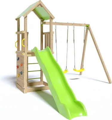 Image de Aire de jeux SMART-XPERIENCE - Plate-forme et mur d'escalade + toboggan + 2 balançoires