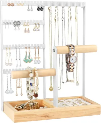 Produktbild von Schmuckständer, Schmuckorganizer für Ketten und Ohrringe, weiß, Holzbasis und Metallstützen