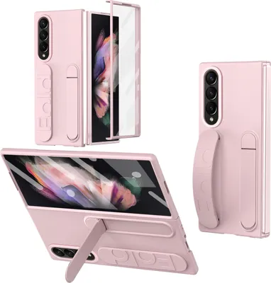 Image de Etui vertical avec sangle pour Samsung Galaxy Z Fold 3 5G intégrant une protection d'écran, un anneau de préhension, une béquille et une protection d'appareil photo Rose