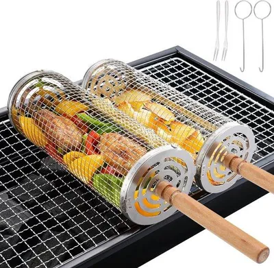 Immagine prodotto di Set da 2 pezzi in acciaio inossidabile, griglia girevole per verdure con manico in legno, rete rotonda per grigliare, accessori per barbecue, regalo per gli amanti del barbecue, griglia cilindrica, griglia su ruote per grigliare verdure e pesce