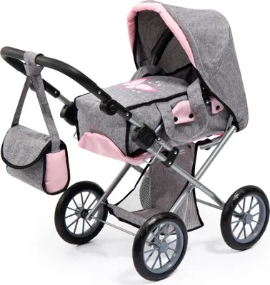 Obrázek produktu pro Bayer Design 13633AA Módní kočárek pro panenky, skládací, nastavitelná rukojeť, přestavitelný na jogger, s taškou, šedý, růžový s motýlem, šedý, růžový, motýlek