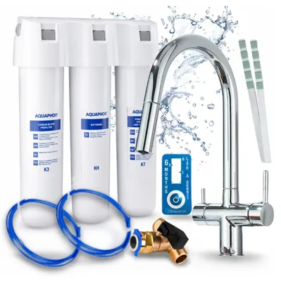 Image de Robinet de cuisine Ari 3 voies, modèle Slender, chromé, avec douchette extractible. Livré avec le système de filtration d'eau Aquaphor Kristall H, pivotant à 360°