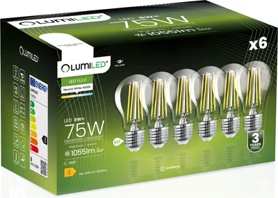 Produktbild von LUMILED A60 E27 LED Lampen 6 Stück, 8W (ersetzt 75W), 1055 lm Classic klares Filament, transparent Leuchtmittel, E27 Sockel 4000K Neutralweiß Birne Lampe, 360° Abstrahlwinkel vintage