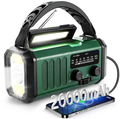 Zdjęcie produktu dla Przenośne radio awaryjne Unyqoos® zasilane energią słoneczną i akumulatorem 20 000 mAh – latarka (3 tryby), alarm SOS, lampka do czytania, powerbank (USB/korba), kompas, głośny alarm