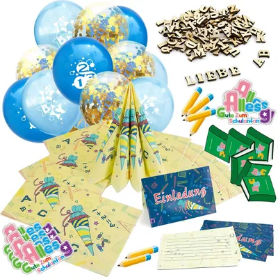Produktbild von Oblique Unique Schuleinführung Schulanfang Einschulung Deko Set - Luftballons + Einladungskarten + Servietten uvm.