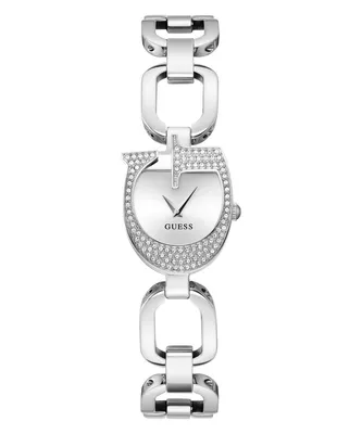 A silver Guess watch with a G-shaped face adorned with rhinestones and a link bracelet.