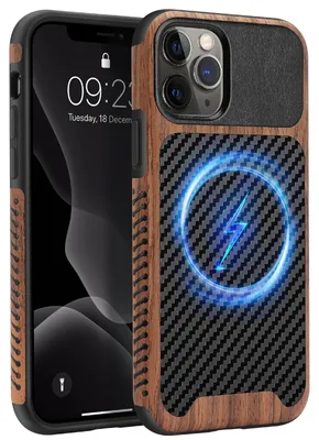 Obrázek produktu pro Dřevěné a kožené pouzdro na telefon pro iPhone 11 Pro, kompatibilní s MagSafe