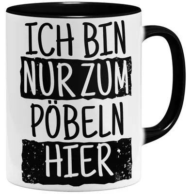 Keramikbecher mit Spruch, 325 ml, schwarz, beidseitig bedruckt