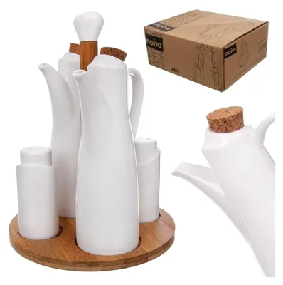Produktbild von Menage-Set mit Gewürzhalter für Salz, Pfeffer, Öl und Essig aus weißem Porzellan