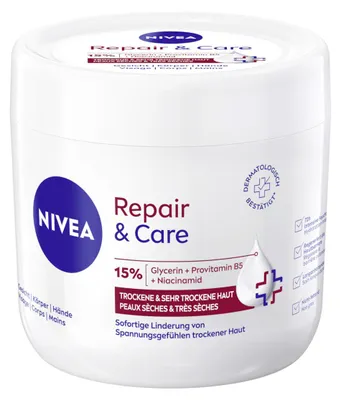 Obrázok produktu pre NIVEA Repair & Care Intensive, Krém, Unisex, Upokojujúce, Hydratačný, Výživný, Vyhladenie, Univerzálna pleť, 400 ml, glycerín