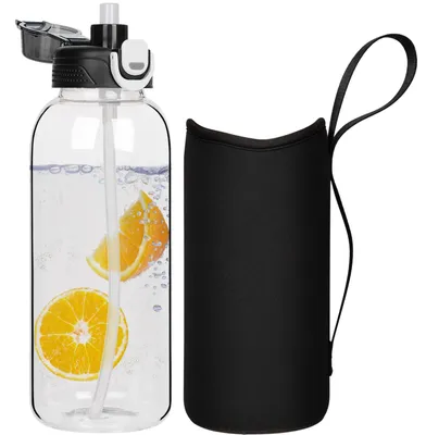 Productafbeelding van Glazen waterfles van 2 liter met rietje en neopreen hoes