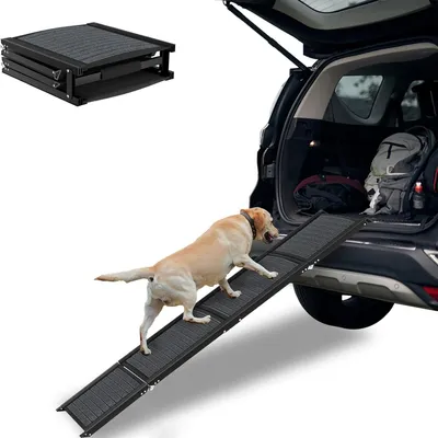 Produktbild von QEENTOE Auto‑Hunderampe klappbar 157x44 cm, rutschfeste Teppichoberfläche, tragbare Hundetreppe für Auto, LKW & SUV, für mittlere & große Hunde bis 110 kg