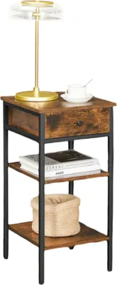 Immagine prodotto di Tavolino da notte con cassetto e ripiani aperti – Stile vintage, colore marrone e nero – 35 x 35 x 70 cm