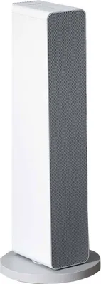 A white and gray electric heater on a white circular base, isolated on a white background.