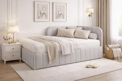Produktbild von Bett Mario 90x200 cm, Polsterbett mit Metallrahmen, Jugendbett mit Bettkasten, Riviera-Stoff, Grau, Links
