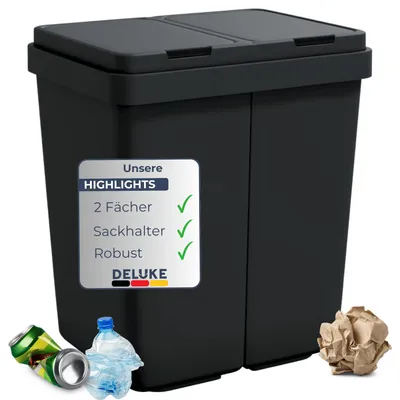 Produktbild von DELUKE® Mülleimer 2 Fächer Küche - 2x25L Trenneimer, Mit Müllsackhalter | Abfalleimer mit Deckel Büro Doppel-Müllbehälter Kücheneimer 50L, Anthrazit