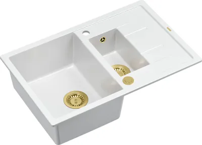 Produktbild von QUADRON Spülbecken 1,5-Becken Spüle | Größe: 78 x 50 x 22 cm | MORGAN 156 | Küchenspüle Granitspüle aus GraniteQ mit Siphon | Weiß & Golden