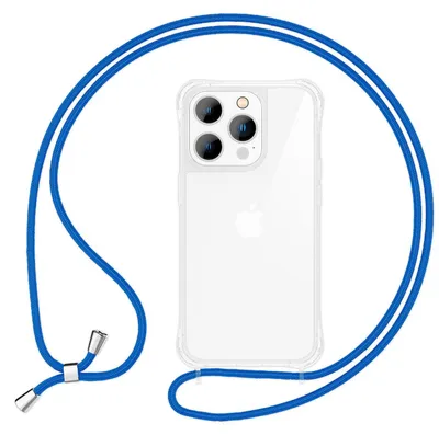 Image de Étui avec chaîne pour iPhone 14 Pro - Étui transparent pour téléphone portable avec cordon à porter autour du cou bleu