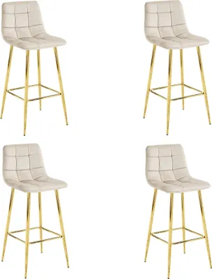 Image de Tabourets Valora ARCETO - Velours beige et pieds dorés x4 | Lot de 4 tabourets de bar n velours