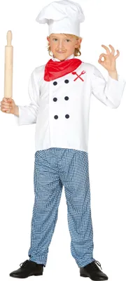 Produktbild von Kochkostüm Lustige Chefmütze Weihnachten Kinderkarneval Faschingsparty Küchenabenteuer Blauer Karo Hose Roter Schal Küchenspaß Rollenspiel Outfit, Größe: 128/134 Farbe: Weiß