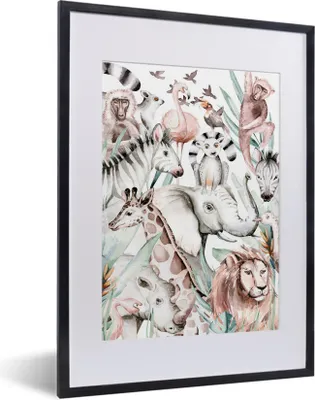 Produktbild von MuchoWow® MuchoWow® Gerahmtes Poster Aquarelle - Tiere - Dschungel - Pastell - Jungen - Mädchen - Kinder - Kinder 30x40 cm - Poster mit zchwarzem Bilderrahmen - Wandposter Schlafzimmer