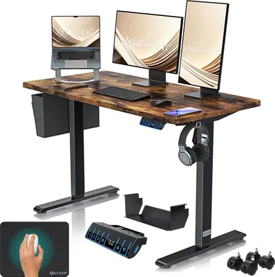 Produktbild von KESSER® Schreibtisch elektrisch & höhenverstellbar Computertisch Ergonomisch Stehen & Sitzen 3-Memory 360° Rollen USB-Ladeanschluss 120x60cm Braun
