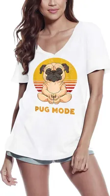Produktbild von Damen Grafik T-Shirt V-Ausschnitt Mopsmodus Yoga – Pug Mode Yoga – Öko-Verantwortlich Vintage Jahrgang Kurzarm Lustige Druck Geburtstag Geschenk Frau