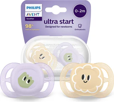 A product shot of Philips Avent Ultra Start pacifiers in their packaging.