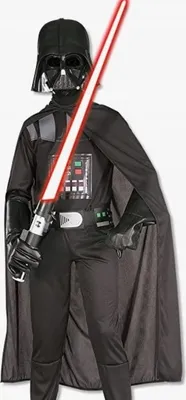 A child wearing a Darth Vader costume, holding a red lightsaber.