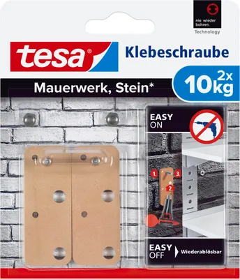 The image shows the packaging of tesa adhesive screws for masonry and stone.