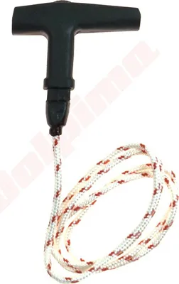 A black starter handle with a red and white rope attached, isolated on a white background.