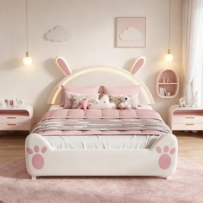 Zdjęcie produktu dla Łóżeczka dla dzieci INONEFT, 140x200 cm, z motywem królików, łóżko tapicerowane z podświetleniem LED i aplikacjami na rzep, łóżko młodzieżowe z listwą sprężynową i naklejkami materiałowymi do samodzielnego dekorowania, kolor różowy/biały