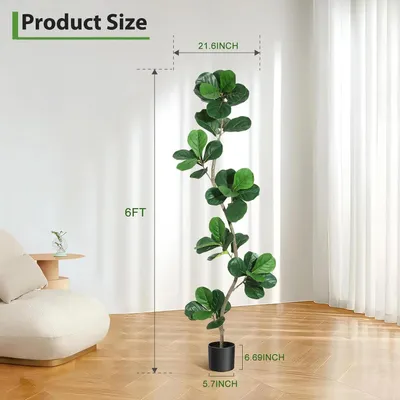 Obrázok produktu pre Umelo vyrobený figovník (Ficus lyrata) – umelá rastlina – 183 cm – pre vnútorné priestory – listy z nylonu – váza – zelená