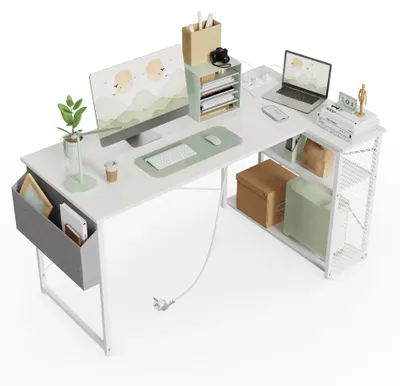 Obrázek produktu pro L-tvarový herní stůl – rohový počítačový stůl 120×70×75 cm – podstavec pro monitor – zásuvka a USB port – úložný prostor – bílá barva