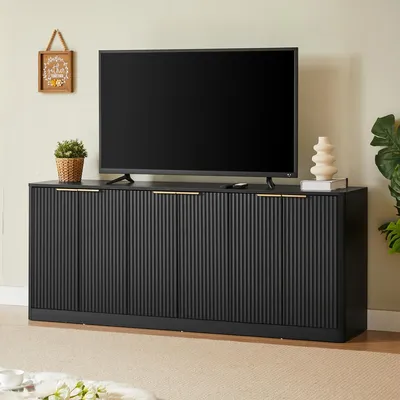 Image de Buffet moderne noir de 170 cm, meuble de rangement à 6 portes au design ondulé et aux contours courbes, commode pour salon 170 x 40 x 70,5 cm