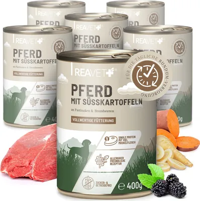Produktbild von Hundenassfutter - Pferd mit Süßkartoffeln an Pastinaken & Brombeeren Hundefutter hypoallergen | 6 x 400g