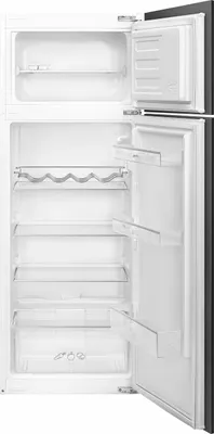 An open refrigerator with its door ajar, showing the interior shelves and compartments.