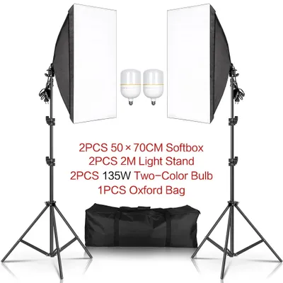 Immagine prodotto di Set di illuminazione con softbox per fotografia, softbox 50 x 70 cm, stativo da 2 m, lampadina bicolore
