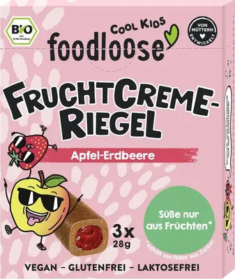 Produktbild von Foodloose Apfel-Erdbeere -Fruchtcreme-Riegel, Apfel, Erdbeere, 28 g, Apfel, Dattel (Frucht), Erdbeere, 92 kcal, 327 kcal, 386 kJ