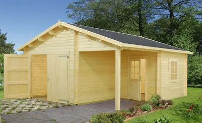 Produktbild von Palmako Holzgarage Roger 21,9 + 5,2 m² aus Holz Garage mit 44 mm Wandstärke Unterstellplatz Fußboden ohne Fertiggarage 28.05 m² Satteldach