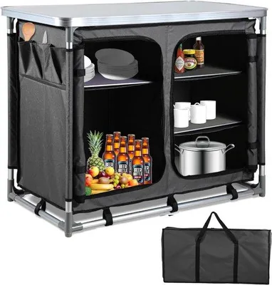 Produktbild von Famanu Campingküche Faltbar - Reise-Küchenaufbewahrung - Outdoor Kochen - Hitzebeständiger Arbeitsbereich - 97 x 78 x 50 cm - Schwarz