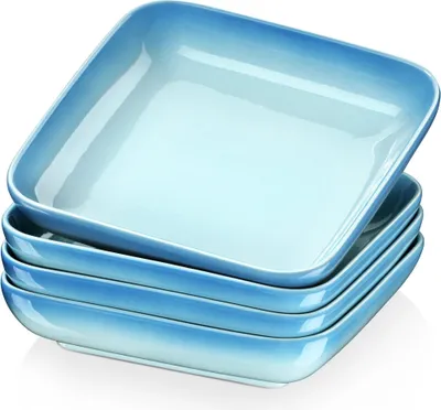 Image de LOVECASA Service de table, Set de 4 assiettes à soupe carrées en céramique stoneware, Assiette creuse pour 4 personnes, Assiette à pâtes 950 ml, 21x 21x H4,6 cm, Bleu ciel