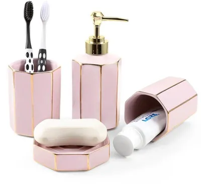 Immagine prodotto di Azomor: elegante set da bagno in Vetroceramica da 4 pezzi con tazza, supporto, vaschetta e dispenser