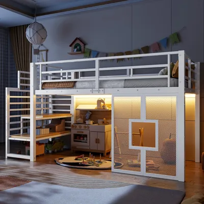 Produktbild von Metall-Hochbett, 90x200 cm, mit Treppe, Stauraum, LED-Beleuchtung, 257 x 98 x 128 cm, Weiss