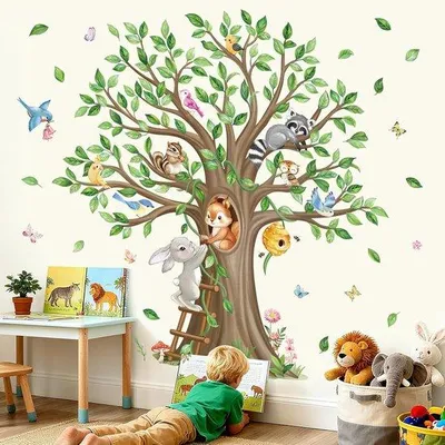 Productafbeelding van Muurstickers Kinderkamer Boom - Grote Wanddecoratie - Bosdieren - Eenvoudig aan te brengen