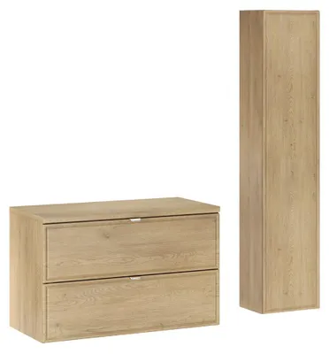Produktbild von Badmöbel-Set 2-teilig mit Hochschrank & 80 cm Waschbeckenunterschrank in Eiche - TEMUCO-56-CREMONA